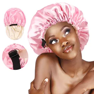 Double Layer Satin Sleep Cap Invisible Flat Adjustment Buckle Imitation Silk Solid Color Reversible Shower Cap Elastic Hair Cap