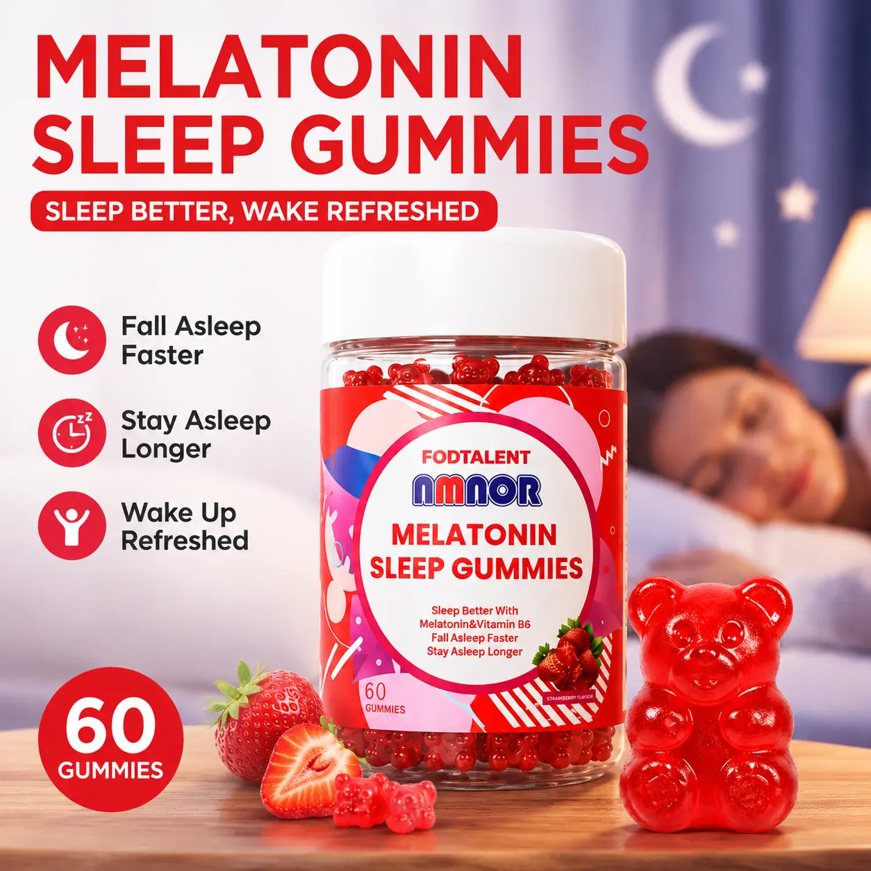 Strawberry Melatonin Bear Gummies with Vitamin B6, 60 Count, Easy Nighttime Routine & Sleep Support