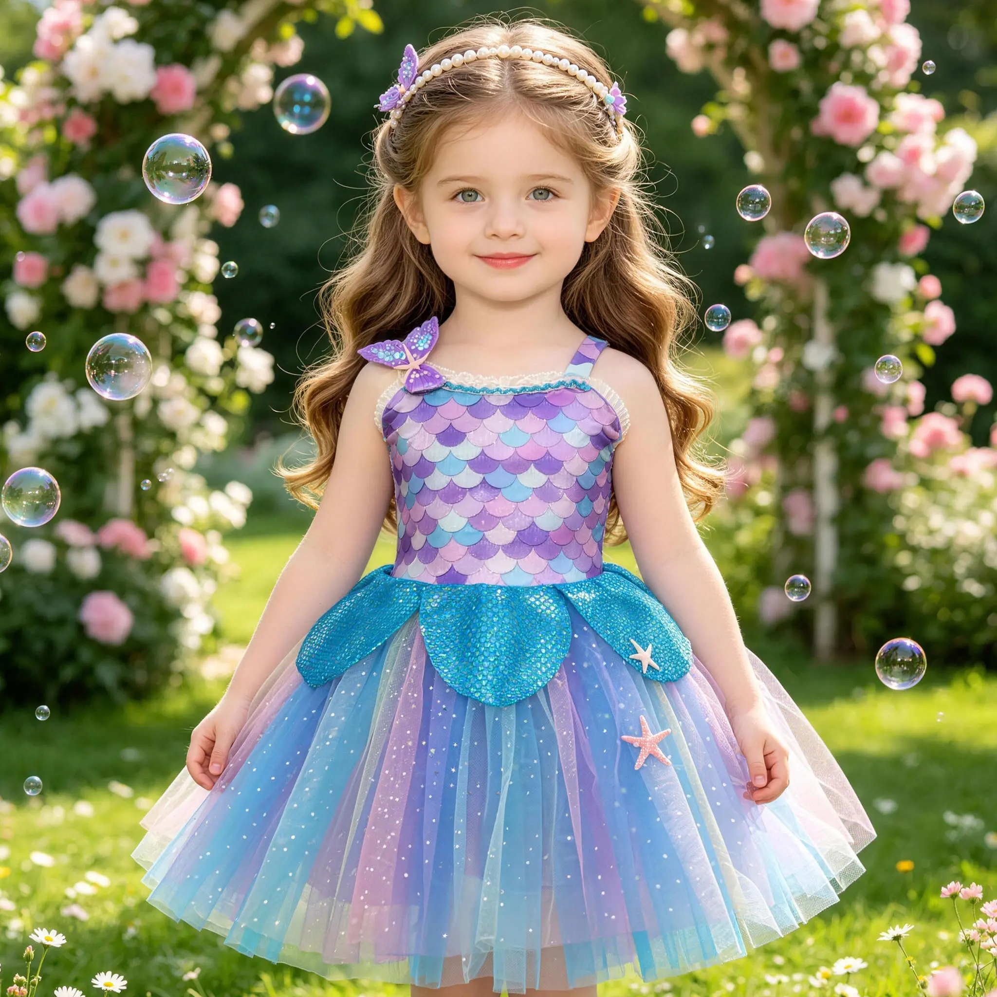 Girls Sparkle Mermaid Costume, Sleeveless Ombre Tulle Blue Princess Dress with Shell Accents for Birthday Parties,Dress-Up,Photoshoots