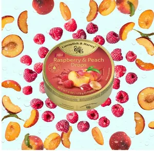 german candy Cavendish & Harvey | Raspberry & Peach Filled Hard Candy Drops | 6 Ounce Tin Sweet Bonbon Snack sour candy sour gusher candy fruit snacks bean boozled lollipop plays music popin cookin sour candy tiktok shop skittle