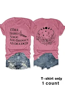 Women's Witch Burning Sage Graphic Tee, Casual Round Neck Short Sleeve T-shirt for Summer, Ladies Clothes for Daily Wear, Top