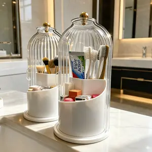 360° Rotating Toothbrush Holder,Dustproof Makeup Brush Holder,Bathroom Countertop Organizer,Rotating 3 Slots Hygienic Dust-Proof Caddy, Multi-Use Bathroom&Vanity Storage,Desktop Cosmetic Organizer for Women,Household Essentials,Perfect Holiday Gift