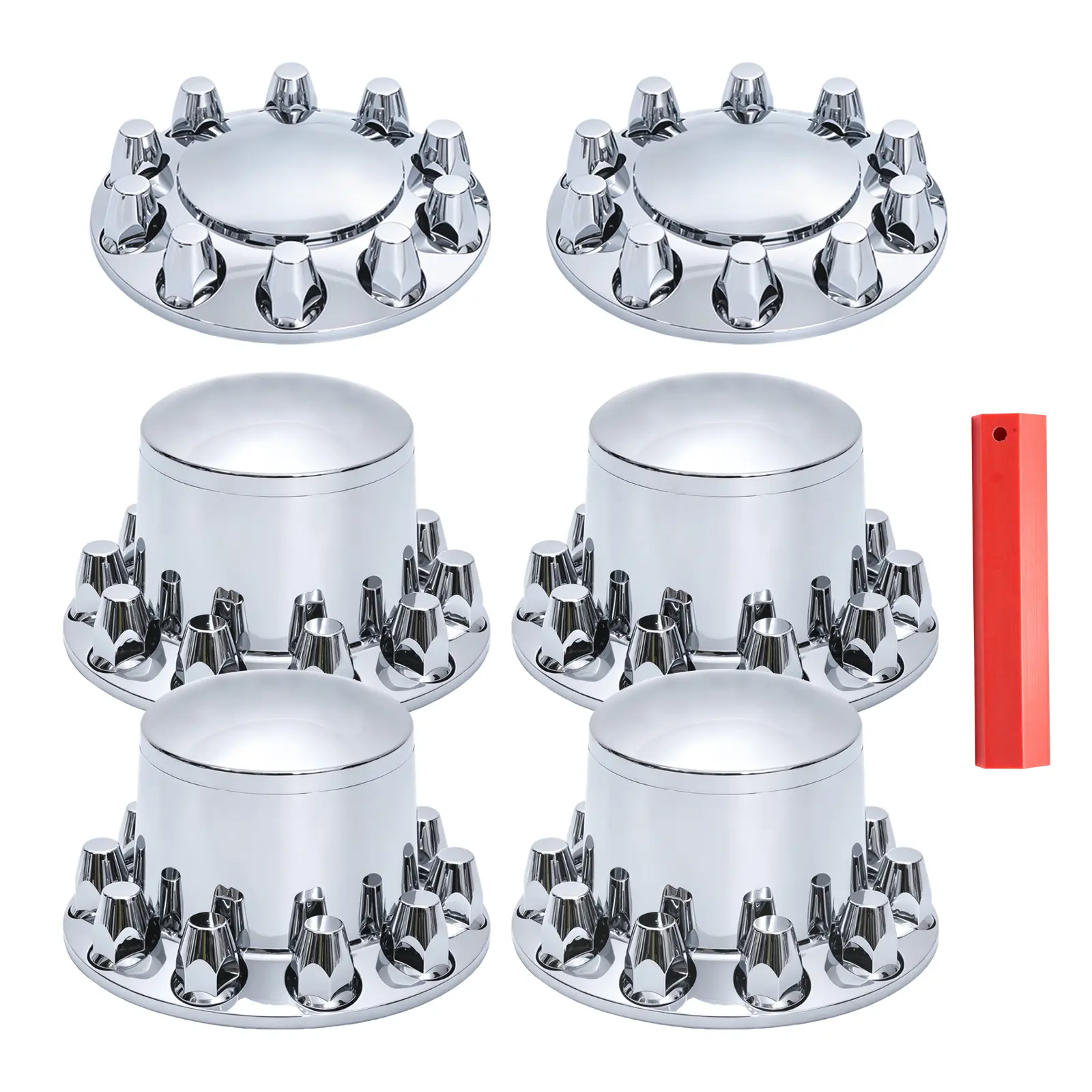 Chrome Plated 33mm Wheel Axle Cover Complete Set - Automotive Truck Accessories, Rust Resistant Plastic, Threaded Fit, Easy Install, 2 Front & 4 Rear Parts w/ Thread-On Lug Nut Covers, Includes Tool for Semi Trucks, Abs Plastic, Full 60‑Pc Set
