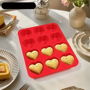 Heart-shaped silicone baking mold - Non-stick 12-cup cake pan, suitable for cupcakes, cake sticks | Food grade, microwave-safe and freezer-safe, easy to remove from mold | Valentine's Day party baking set (3-piece)