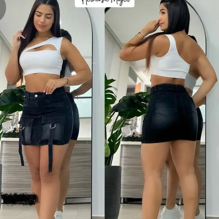 Authentic Colombian Black Cargo Skirt Size COL 12 USA 7-8 Women's Fashionable Denim Skirt with Pockets Womenswear Denim Short Skirt