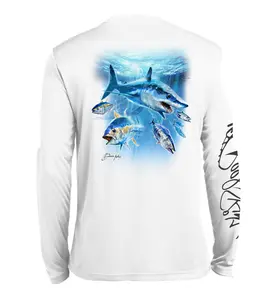 Brian Kalt Mako Mayhem Long Sleeve Top - White, Polyester, Stretch Fabric, Featuring Shark and Fish Design, Suitable for Men