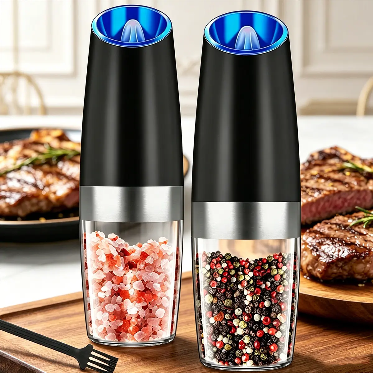 Gravity-Sensing Electric Salt & Pepper Grinder Set: Adjustable Coarseness, Battery-Powered with LED Light, Sea Salt Grinding Tool, One-Handed Automatic Operation, Kitchen gadgets