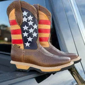 U.S. Work Boots - Brown Leather with American Flag Design, Durable Construction, Comfortable Fit