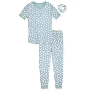 Girls 2-Piece Super Soft Jersey Snug Fit Pajama Set- White Hearts, Mint Green Toddler Girls Pajama Set with Matching Scrunchie.