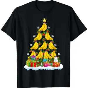 Banana Fruit Lover Xmas Holiday Funny Banana Christmas Tree T-Shirt, 100% Cotton, Single Side Printed, Black Short Sleeve T-shirt, 1 pc, Christmas Halloween Thanksgiving Gift