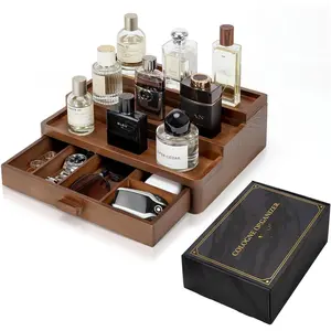 Cologne Organizer for Men, 3 Tier Wooden Cologne Stand with Drawer Storage and Hidden Compartment, Cologne Holder for Dresser Great Gift for Father Dad, Brown