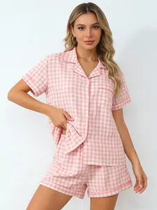 Minimalist Pink Gingham Pajama Set for Women, Button Down Short Sleeve, Spring Summer Lightweight Loungewear, Classic Plaid, Cute Home Outfit, Nightwear, Pjs, Casual