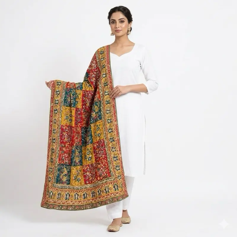 Women's Pakistani Mirror Work Duppatta - Original Intricate Design, Colorful Embellished Fabric, Vibrant Patterns for Lady Casual Clothes