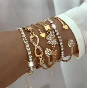 6pcs Luxury Fashion Minimalist Rhinestone Butterfly, Heart, Infinity Symbol Multi-Layer Stackable Bangle Bracelet Set, Elegant Accessories For Women