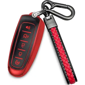 New Upgrade for ford key fob cover with metal/leather keychain,TPU 5 Buttons Key case,compatible with C-Max Edge Escape Expedition Explorer Flex Focus Taurus Remote smart Key,keychain red