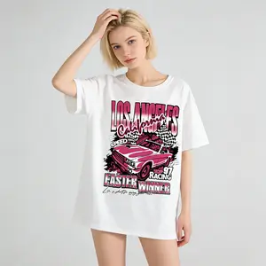Women's Loose Casual Short Sleeved T-shirt with Pink Retro Sports Car Print for City Stroll Summer Girls' Fashionable Trendy Styling Outdoor Wear