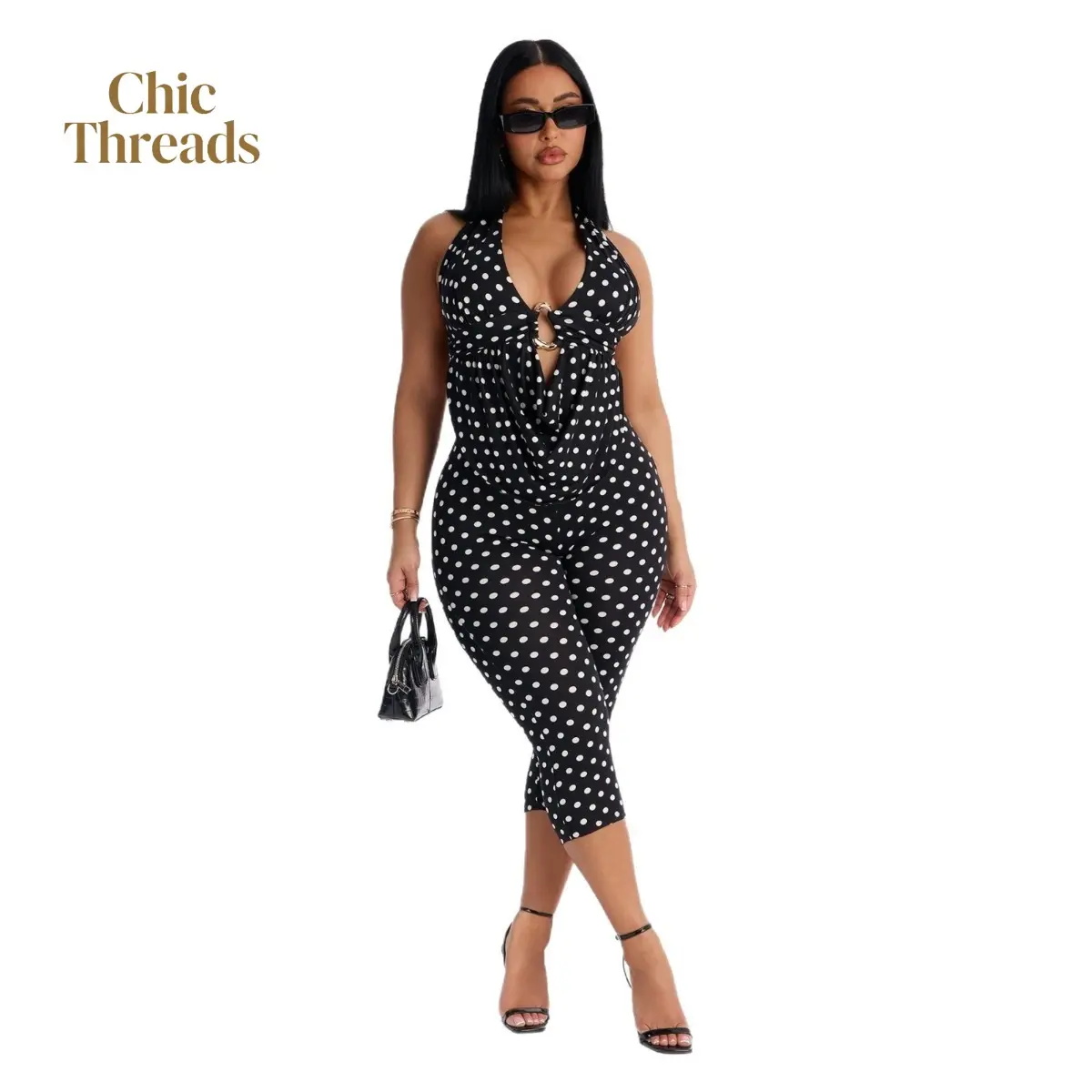Women's 2-Piece Polka Dot Polyester Blend Fabric Set - Stretchy Halter Tank Top with Adjustable Tie, Backless Design, Shoulder Straps; Waist-Cinching Flat Cropped Capri Pants, 2026 Summer Street Casual, Curvy Sizes Fit, Everyday Elegant Womenswear