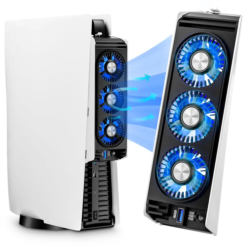 Gaming Console Cooling Fan,Compatible with PS5 Standard 2020 / PS5 Slim & PS5 Pro, 3 Turbo Cooling Fans with Blue LED Light, USB Powered Low Noise Cooler Accessory, Built-in Extra USB Passthrough Port, Efficient Heat Dissipation Gaming Host Cooling