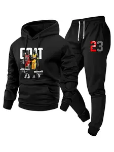 Spring/autumn lightweight men’s two-piece set featuring a hooded sweatshirt with GOAT lettering and number 23 graphic print, paired with jogger sweatpants with pockets; street-style elastic-waist drawstring pants with pocket design. Ideal for cool weather