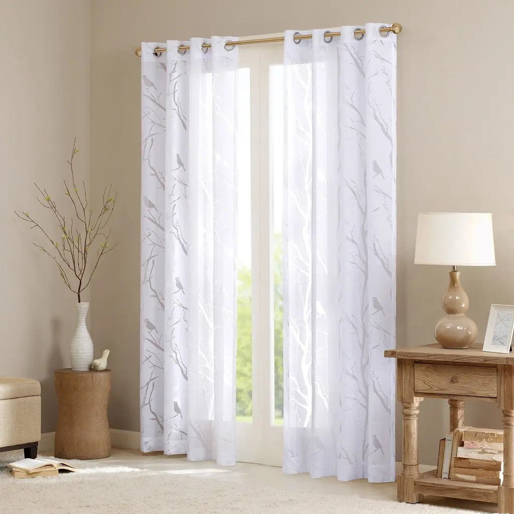 Window Curtain Panel with Sheer Voile and Bird on Branches Burnout Design, Grommet Top, Light Filtering Drape for Living Room or Bedroom, 1 Panel