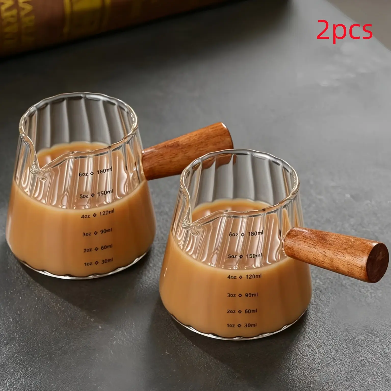 2pcs Italian Espresso Coffee Cups, Wooden Handle, Milk Frother Measuring Cup, Mixing Cups, Heat-Resistant Kitchen Tool, for Coffee, Milk, Tea, Syrup, Utensils