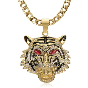 18K Gold Plated Tiger Head with Red Eyes Pendant Punk Rock Stainless Steel Necklace, 24 Inch 7mm Chain for Men Women Hip Hop Animal Jewelry