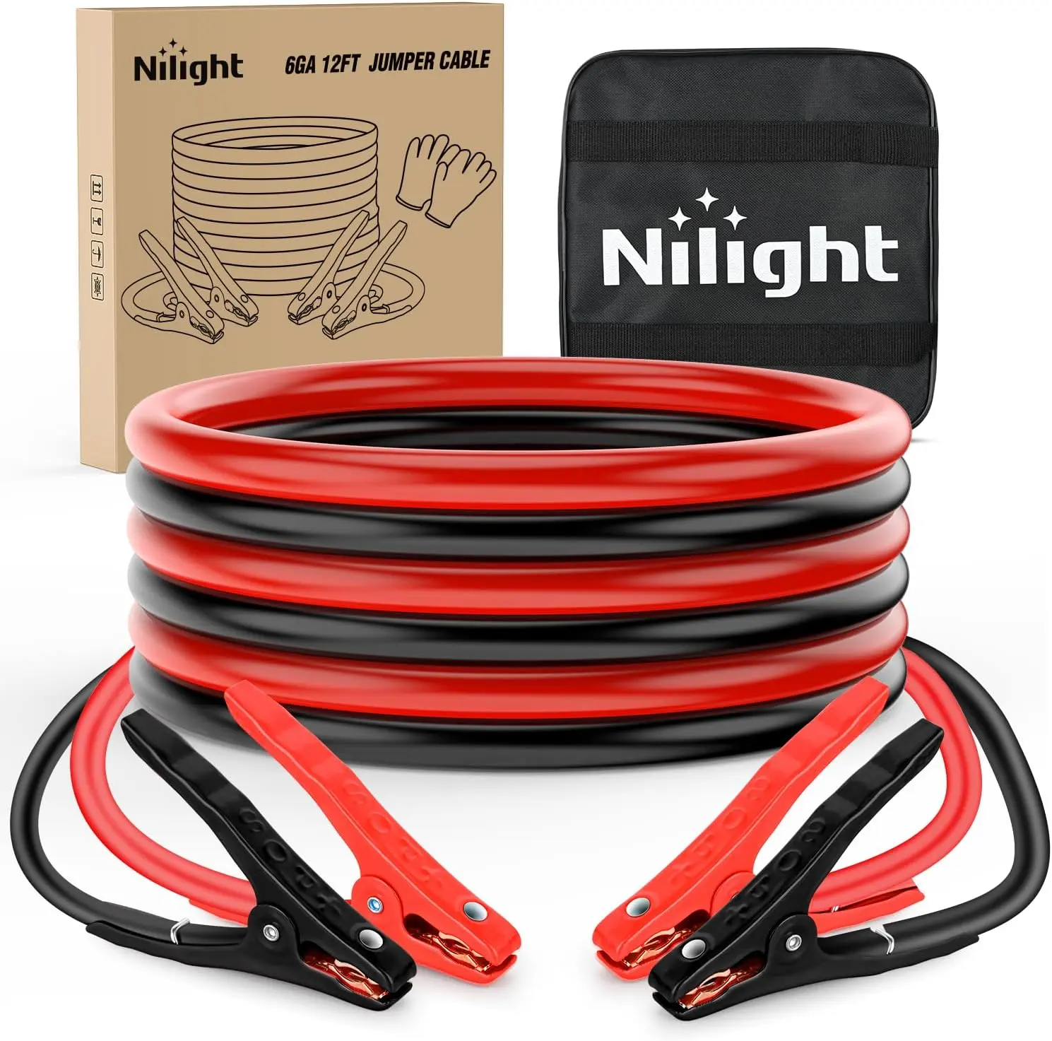 Nilight Heavy Duty Jumper Cable - 6 Gauge, 12 FT, 450 A CCA Tangle-Free Vehicle Emergency Boost Kit with PVC Storage Bag & Repair Gloves for SUVs, Sedans (Jump Starts Car Batteries)