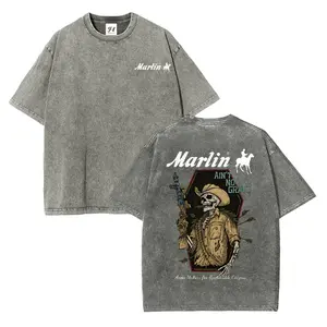 Vintage Marlin Cowboy T-Shirt Skeleton Gunman with Rifle and Arrows Retro Washed Cotton Shirt for Western Fans graphic tees quarter zip men lemon demon logo print truck fit clothes gift gorlock destroyer tshirt