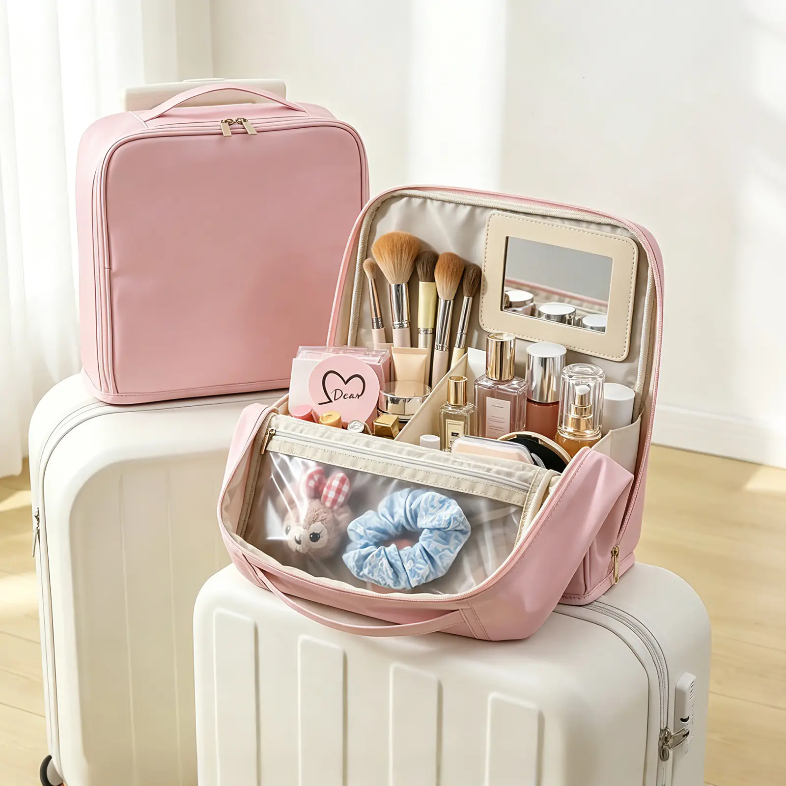 Travel Makeup Bag with Luggage Strap, Minimalist Vanity Organizer Case, Waterproof Cosmetic and Toiletry Organizer pouch large handbag portable organization storage beauty brush bag storage bag zipper gift