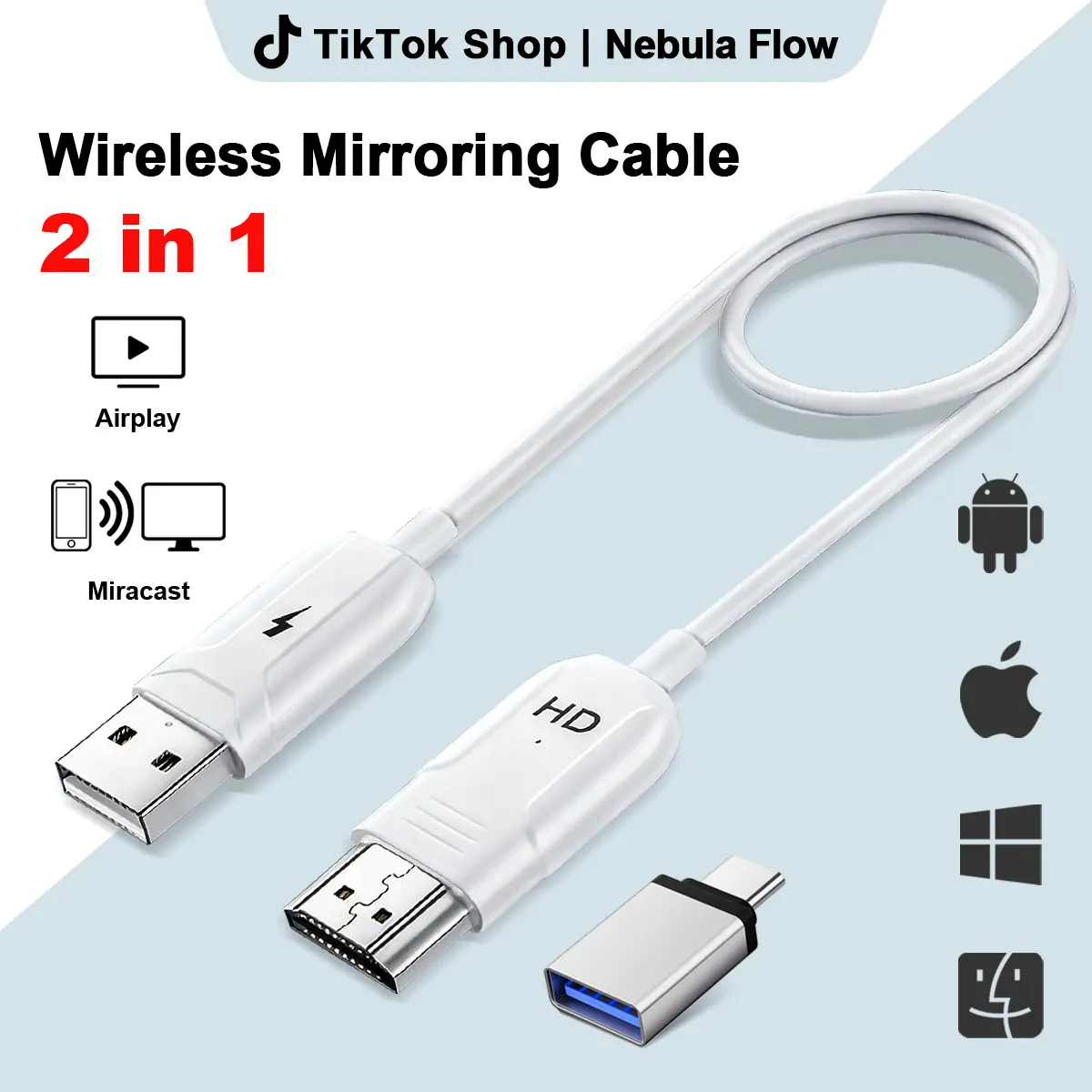 USB to HDMI Casting Cable with Type-C Adapter - Phone to TV/Projector Screen Casting Accessories for Computer, Plastic Shell, Multiple Port Compatibility