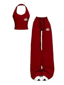 Women's New 2-Piece Set Outfits, Simple Sexy Fitted Sleeveless Crop Top Camisole with Ada Print + High-Waisted Drawstring Straight Leg Pants, Urban Outdoor Nightwear, Asymmetrical