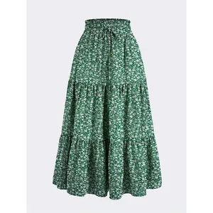 Women's Skirt Pleated A-Line Swing Long Skirts Beach Elastic High Waisted Skirts