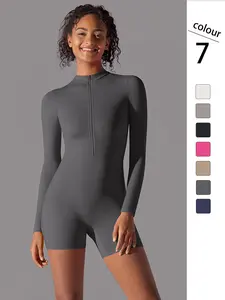 Women's Solid Zip Up Thumb Hole Design Sports Jumpsuit, Long Sleeve Stand Collar Jumpsuit for Yoga Gym Workout, Ladies Sportswear for All Seasons