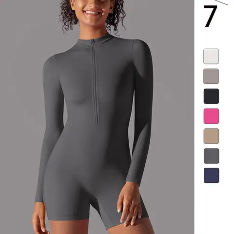 Women's Solid Zip Up Thumb Hole Design Sports Jumpsuit, Long Sleeve Stand Collar Jumpsuit for Yoga Gym Workout, Ladies Athleisure Style Sportswear for All Seasons, Stretchable Activewear, Stretchy Jumpsuit, Sporty Jumpsuit, Solid Jumpsuits