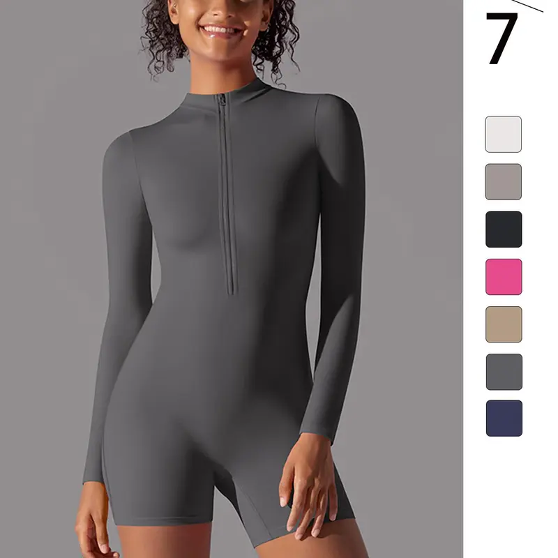 Women's Solid Zip Up Thumb Hole Design Sports Jumpsuit, Long Sleeve Stand Collar Jumpsuit for Yoga Gym Workout, Ladies Athleisure Style Sportswear for All Seasons, Stretchable Activewear, Stretchy Jumpsuit, Sporty Jumpsuit, Solid Jumpsuits