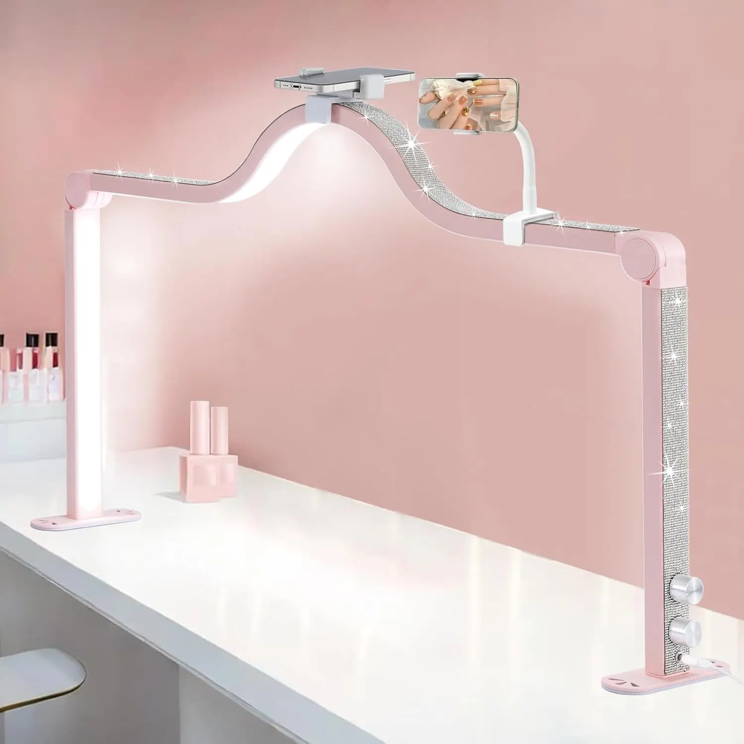 Upgraded Nail Tech Lamp with Dual Phone Holder, 34 in Foldable Large Nail Light for Desk, 3 Modes 3000K-6000K LED Manicure Lamp, Half Moon Light for Lash Eyelash Extension, Tattoo, Eyebrows