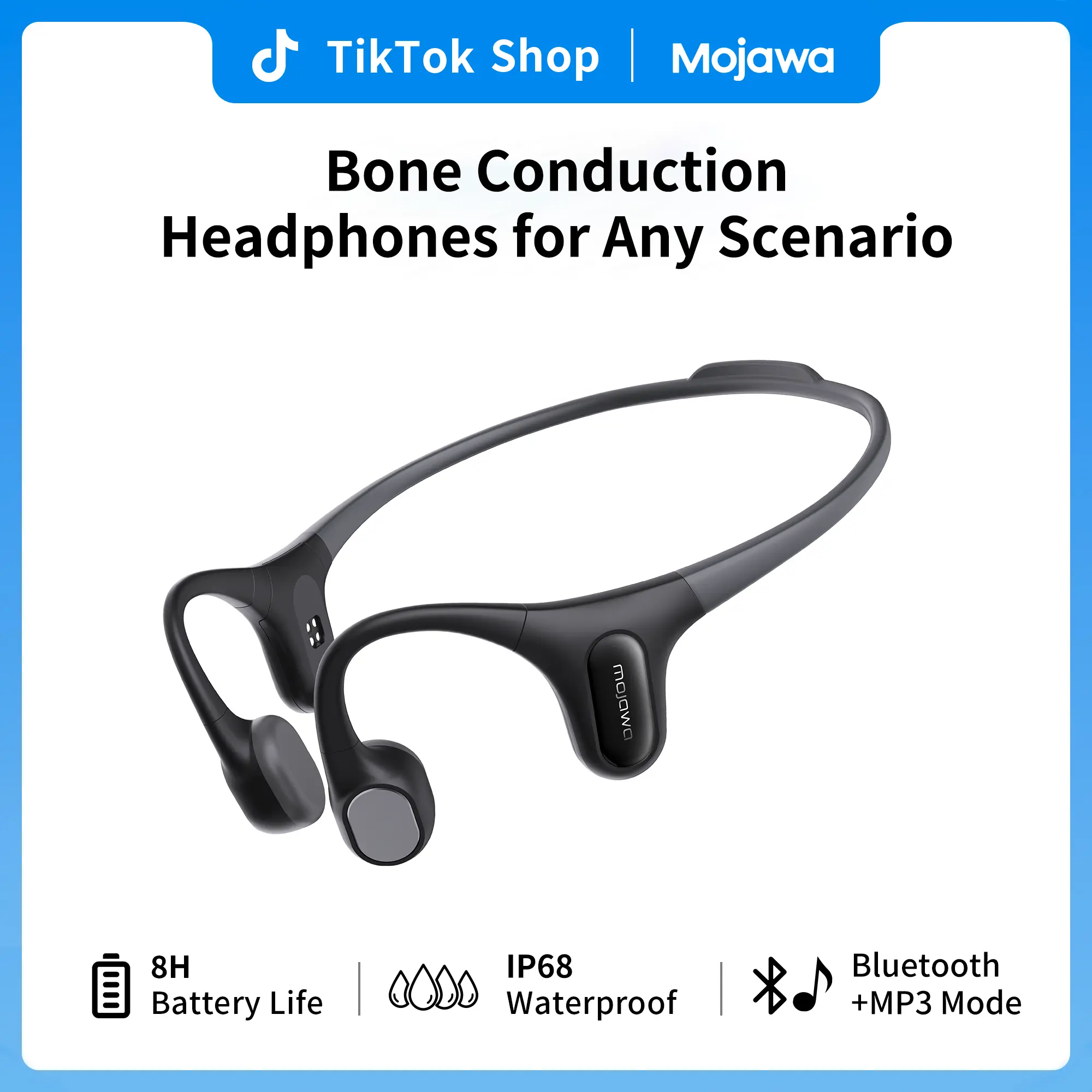 MOJAWA Run Plus Bone Conduction Headphones, IP68 Waterproof Swimming Headphones with 32GB MP3 Storage, 8-Hour Battery Life, Open-Ear Sports Headphones for Running, Cycling, Gym & Outdoor Sports