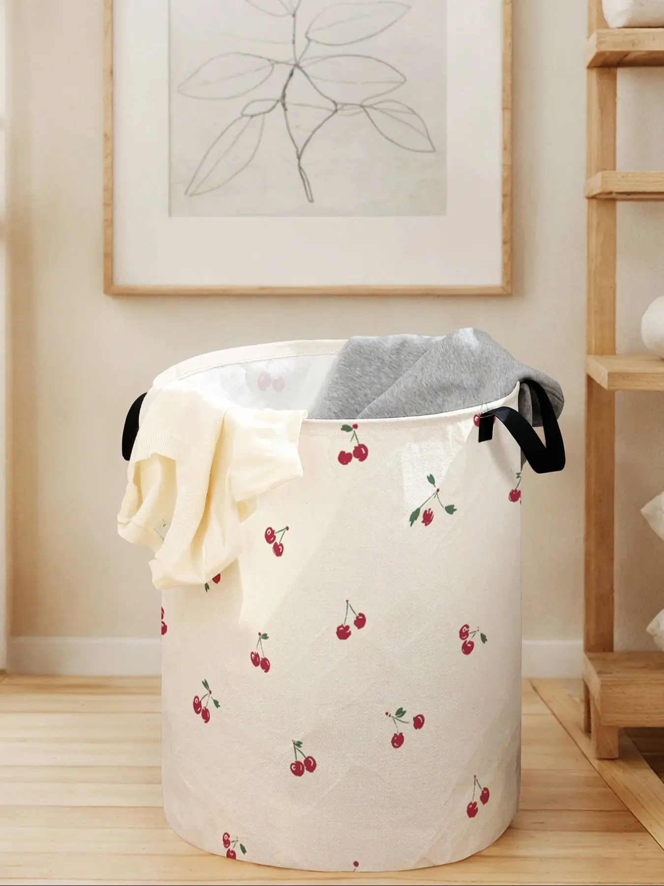 Durable Laundry Basket with Cherry Print Handle, Foldable Large Capacity Storage Bin for Clothes & Toys, Casual Home Organizer, Laundry Hamper, Clothes Baskets