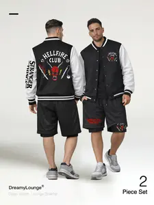 Stranger Things 「2-Piece Set」 Hellfire Club Baseball Shirt + Breathable Mesh Shorts, Casual Fitted Home Wear, Daily Use