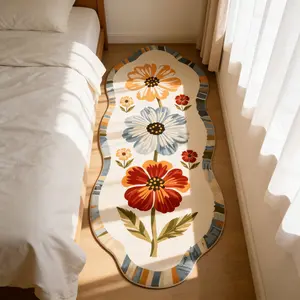 Modern Irregular Wave Edge Boho Floral Pattern Long Carpet Mat, Washable Easy Clean Plush Rug for Living Room Bedroom Hallway Kitchen Bedroom Rugs