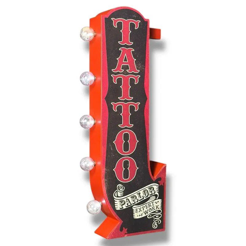 Tattoo Parlor 25-Inch Double-Sided Vintage-Inspired Marquee LED Wall Sign, Battery-Operated Metal Decor