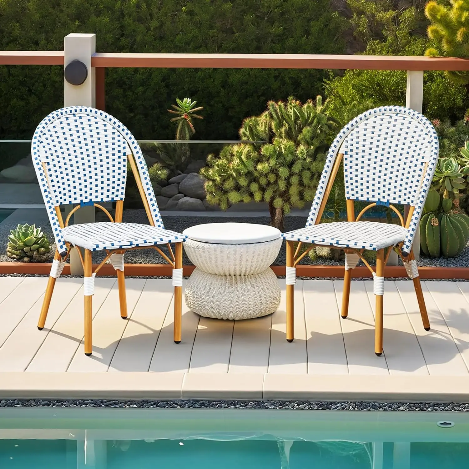 EROMMY Outdoor French Bistro Chair Set of 2, Wicker Patio Dining Chairs with Print Finish, Accent Hand-Woven Rattan Furniture for Porch Garden Indoor,home decor,camping essentials