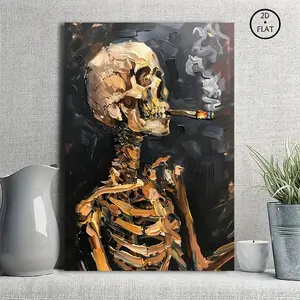 Thick Palette-Textured Smoking Skeleton Canvas Wall Art, Dark Gothic Vintage Skeleton Oil Painting Poster, Framed & Unframed Canvas Print, Edgy Man Cave Decor, Unique Gothic Art Gift