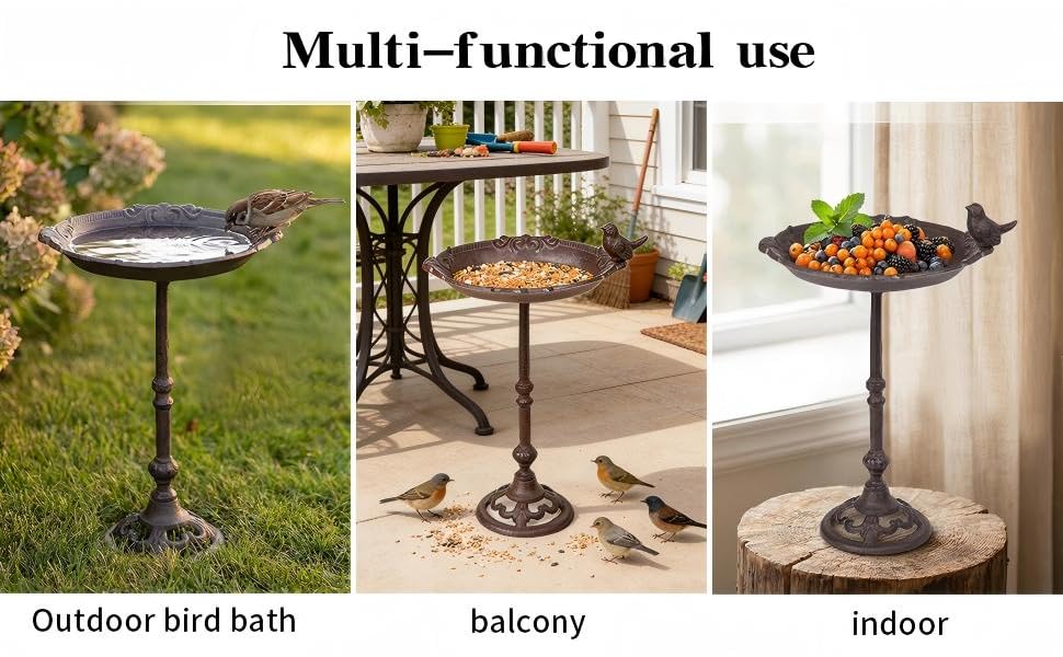 Sungmor Vintage Cast Iron Birdbath for Outside,15.6" Tall Bird Feeder with Adorable Bird Statue,Freestanding Oval Water Bowl,Distressed Brown Finish