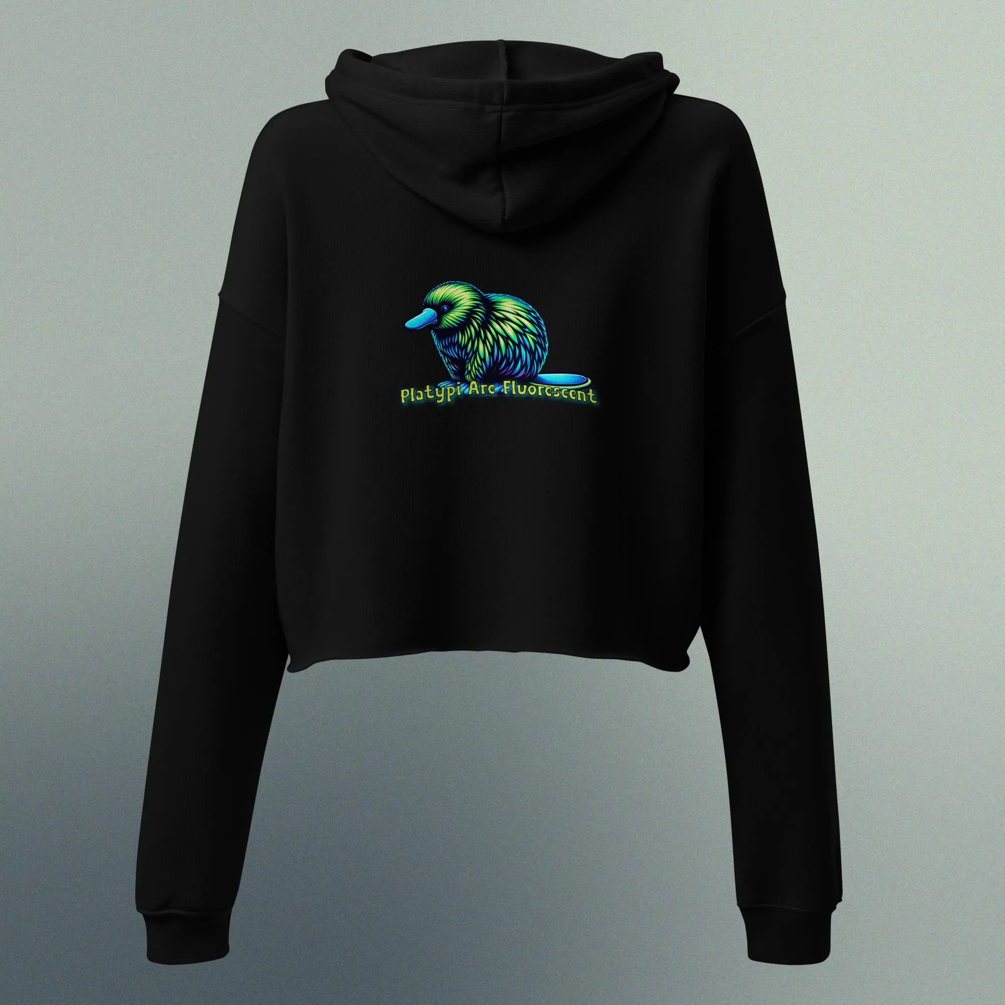 Hey, Fun Fact! Platypi Are Fluorescent - Women's Cropped Hoodie Bella + Canvas - Raw Hem Drawstrings Fashion Statement Piece - Fabric
