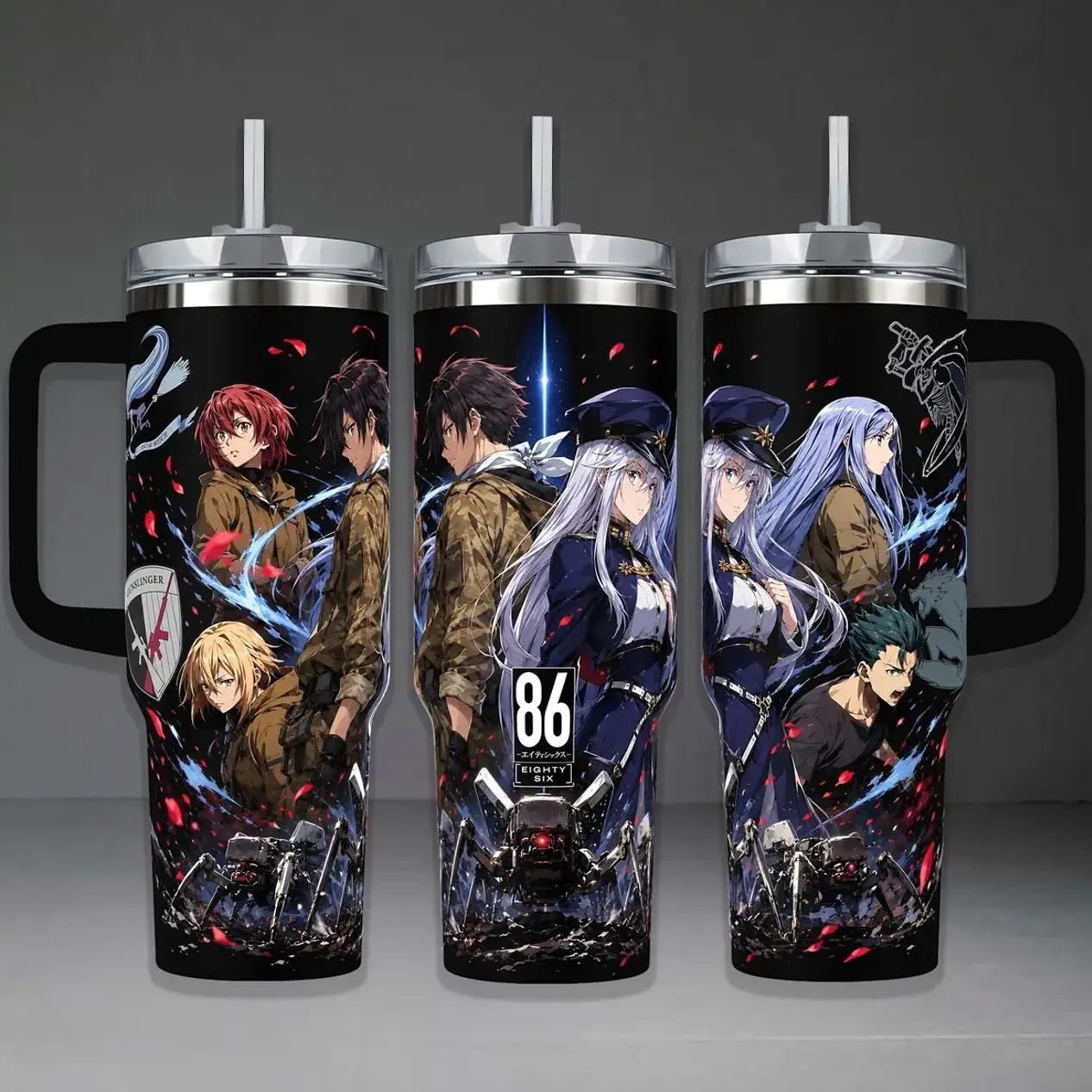 86 Eighty-Six Tumbler, Anime 40oz Cup with Handle . Gift for Anime Fans, 86 Eighty-Six Inspired Insulated Tumbler Featuring Spearhead Squadron & Lena Graphic Design