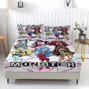 Monster High Pattern Fitted Sheet,Includes 1 Bed Sheet and 2 Pillowcases,Comfortable Bedding,Non slip Dust Cover Suitable for Bedroom Decoration of Teenagers and Adults