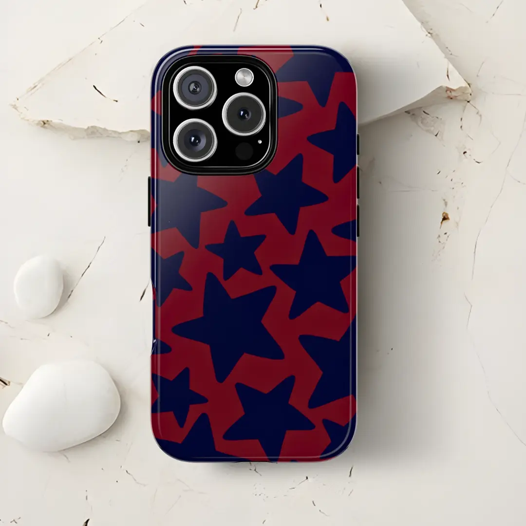 Burgundy & Navy Stars iPhone Magsafe / Tough Phone Case, On-Trend Star Pattern Case, Designed for iPhone 17 16 15 14 13 12