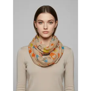 Stunning Colorful Lightweight Vintage Owl Print Infinity Loop Scarf (Tan)