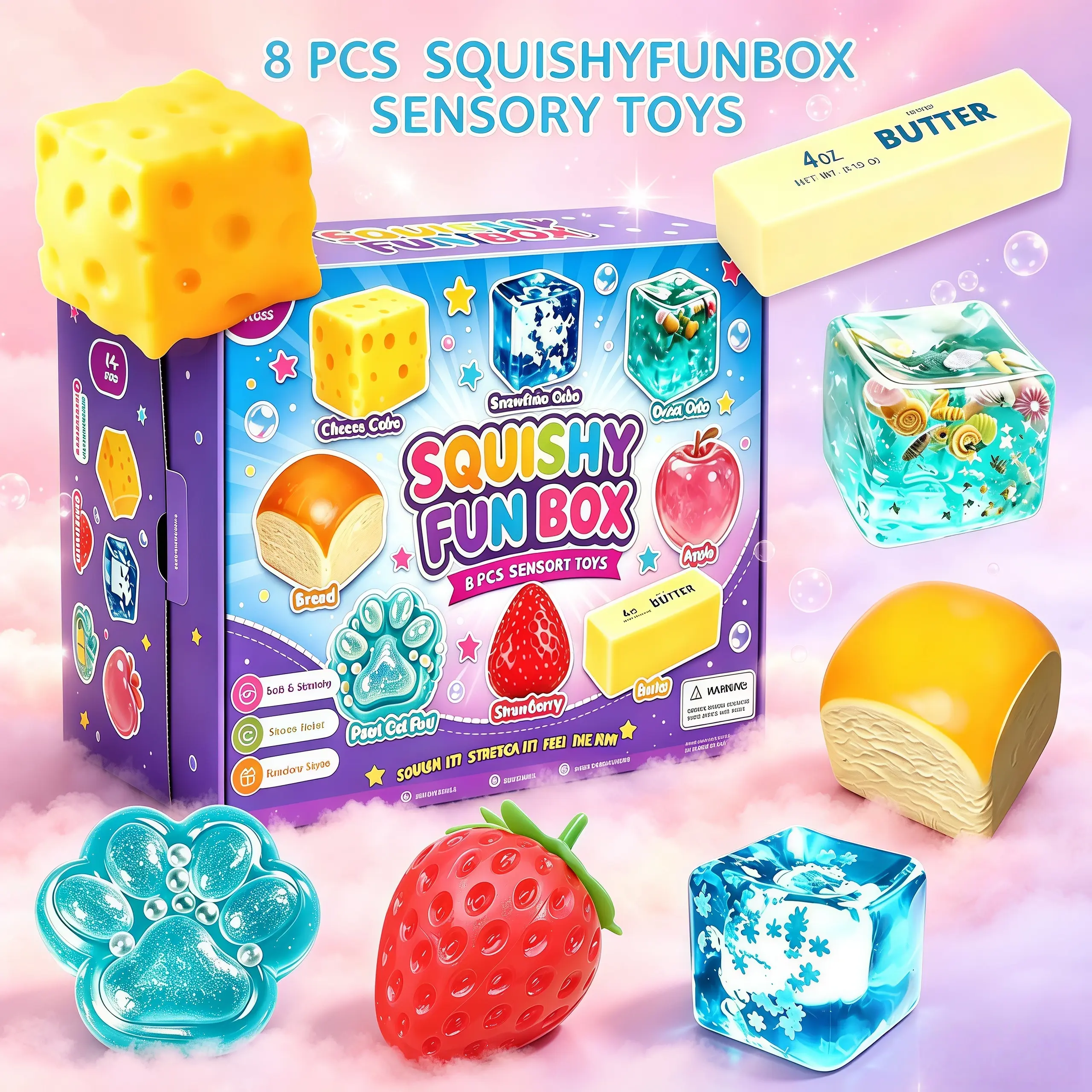 8 Piece Set Box Malt Sugar Stress Relief Fidget Toys, Sensory Bundle, Creative Slow-Return Squishy, Party Gift, 8 Different Styles